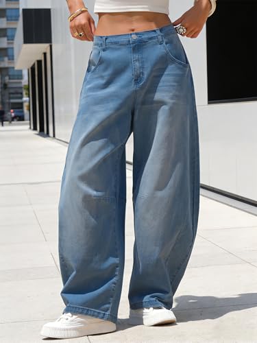 Image of EXLURA Womens Barrel Jeans Wide Leg Y2K Boyfriend Denim Pants Hip Hop Vintage Baggy Jeans Cotton Mid-Low Elastic Waist Pants