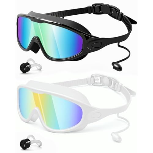 Rantizon Swim Goggles 2 Pack, Wide View Anti Fog&UV Swimming Goggles for Audlt, No Leaking Swim Glasses for Men Women Kids Black Blue & White Blue Lar