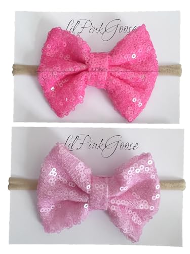 Baby Girls Neon Hot Pink, Pink Glitter Sequins Bow Headbands for Newborn to 1 Year Up Toddlers - 2 Pcs Package2