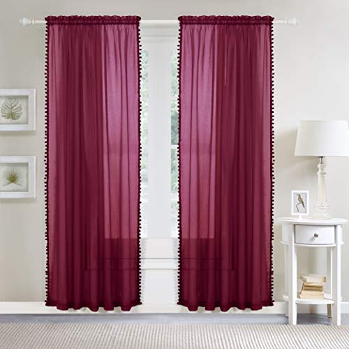 Elegant Comfort 10EC-60IN-POMPOM-CURTAIN-BURGUNDY Semi-Sheer Pom Pom Tassels Curtains - 2 Panels Set thumb #1