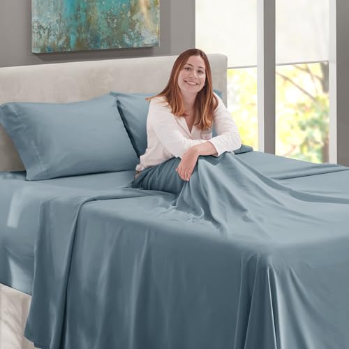 Image of Nestl California King Size Sheet Set, 4 Piece Extra Deep Pocket (18-24 inches), Microfiber, Hotel Luxury, Soft, Breathable, Wrinkle-Free, Easy to Care, Stone Blue