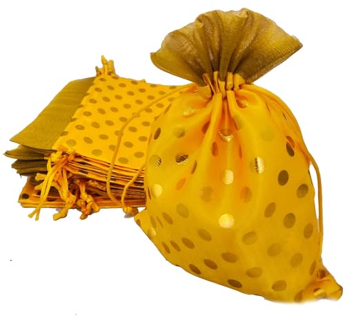Image of 13CM X 18CM Small Drawstring Bags Pouches Potli for Gift Wedding Jewelry Packaging Bridal Party Favors for Women (10 Pc Pack, Yellow Color Golden Polka Dot)