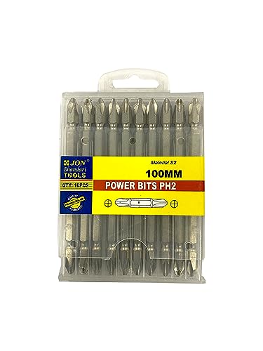 Image of Jon Bhandari Tools PH2 Power Magnetic Double Ended Screwdriver Bits 100mm - Phillips Star Head Drill Bit Set (Pack of 10) for Electric, Cordless & Impact Drivers - Precision Tips for Fastening Work