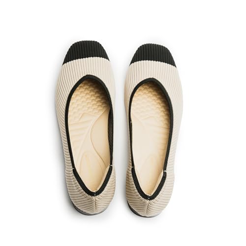 Women's Flats with Arch Support, Square Toe Knit Flats for Women, Comfortable Knit Slip On Dress Shoe, Nude and Black Size 82