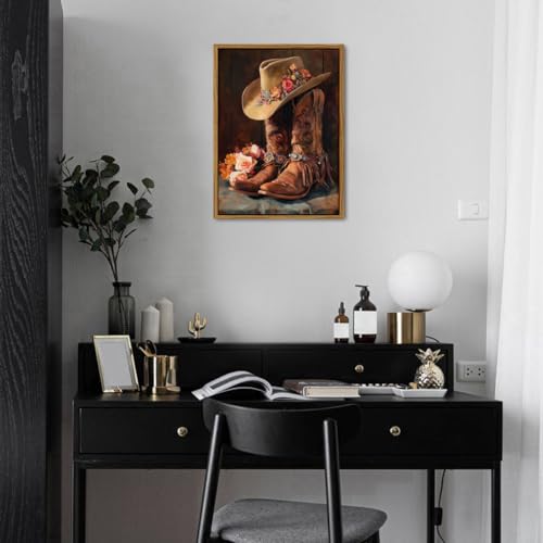 Image of Western Cowgirl Boots Wall Art Rustic Cowboy Hat and Leather Boots Floral Framed Painting Country Farmhouse Western Decor for Living Room Bedroom Aesthetic Canvas Artwork Home Decorations 16x24