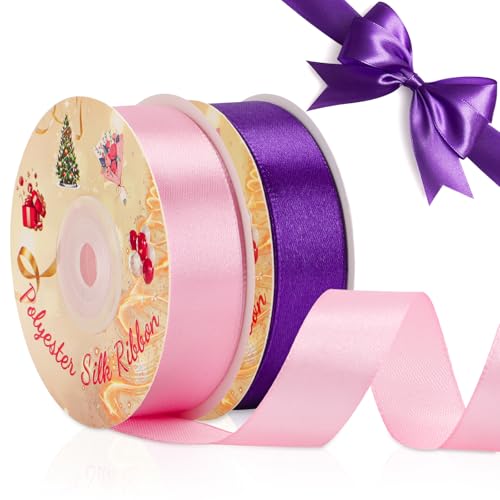 VynyQoo 2 Rouleaux 20mm Ruban Satin Large, Rose et Violet Emballage Cadeau, 22M Polyester Côté Unique Ruban en Satin, pour Mariage, Nœuds, Ballons,...