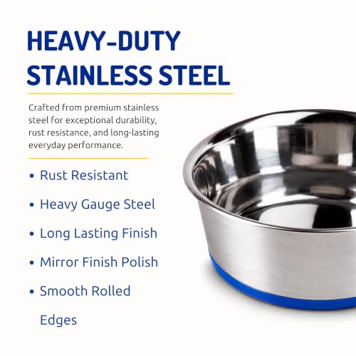 Image of Stainless Steel Dog Bowl with Non-Slip Silicone Base | Food & Water Bowl for Dogs & Puppies | Rust-Resistant, Heavy Duty, Easy to Clean, Anti-Skid Pet Feeding Bowl | Silver & Blue (1 Piece) (2800)