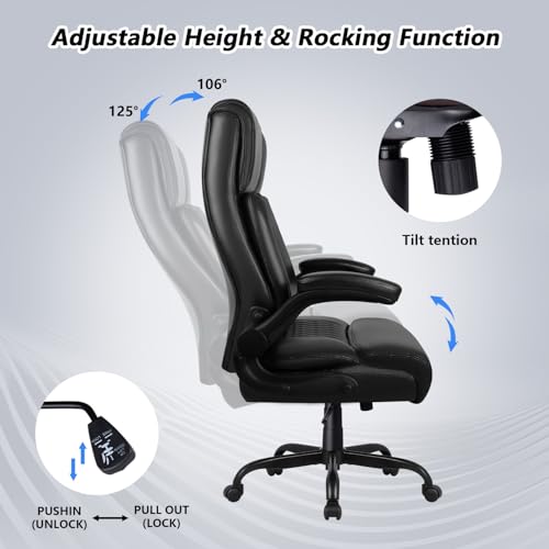 Big and Tall Office Chair, Ergonomic Leather Office Computer Desk Chair, Black Heavy Duty Office Chair with Flip-up Armrest, Comfortable High Back Home Chair 400 LBS with Lumbar Support - Image 6