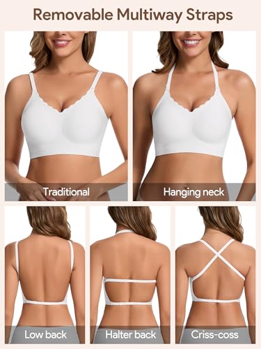 HBselect Low Back Bras for Women Deep V Seamless Bralette Wireless Backless Bra Convertible Straps Halter Bra White