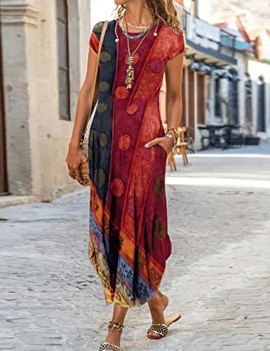 Image of Women Summer Casual Maxi Dress Floral Printed Loose Pockets Short Sleeve Split Boho Dresses