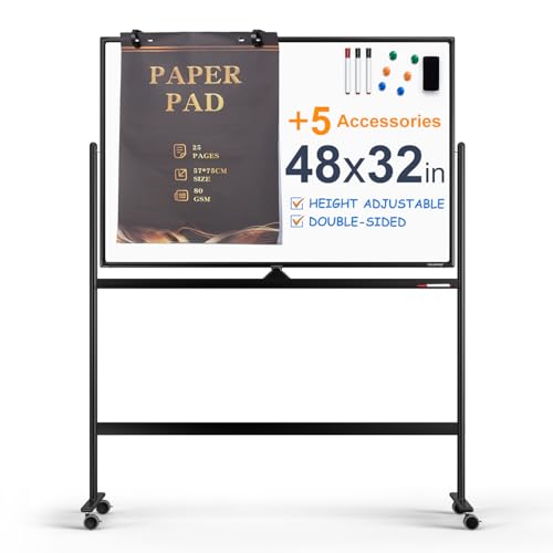 Image of Large Dry-Erase Rolling Magnetic Whiteboard - 48 x 32 Inches Dry Erase Board with Stand Height Adjust Double Sides Mobile White Board Easel on Wheels with 25 Sheets Paper Pad Office, Home & Classroom