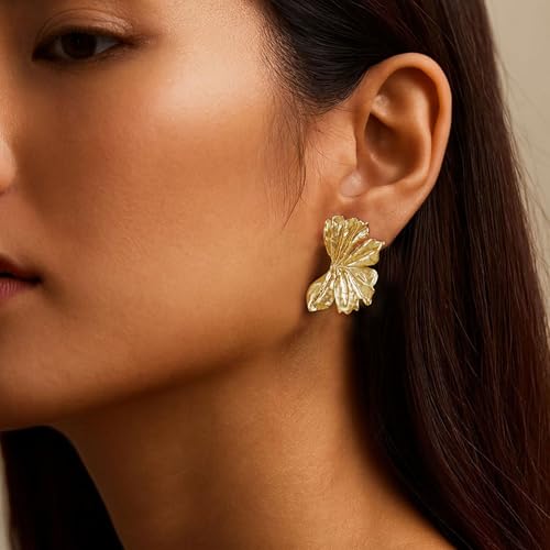 Chunky Gold Earrings for Women,Big Flower Earrings Dainty 14K Gold Plated Dangle Stud Earrings Hypoallergenic Statement Earrings for Women Trendy Chunky Gold Jewelry 5