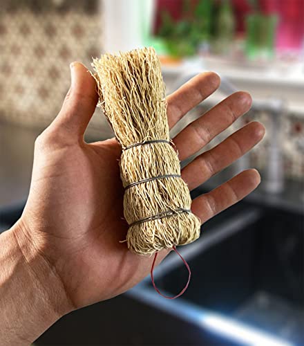 Image of Coladera Set of 3 Natural Fiber Dish Brush Cleaners Mexican Escobetas Molcajete with Hangers Sustainable Kitchen Cleaning Scrubber Brushes for Pots Sinks and Pans Cepillo Limpia Trastes Yellow