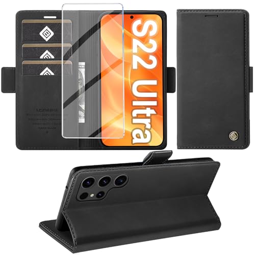 Giyer Handyhülle für Samsung Galaxy S22 Ultra 5G Hülle mit Schutzfolie Standfunktion Kartenfach Wallet Premium Leder Schutzhülle S22 Ultra Flip Case Cover Stoßfeste Klapphülle 6 8 Zoll