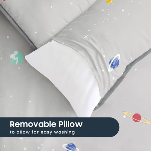 Image of Wake In Cloud - Toddler Nap Mat with Pillow and Blanket, 100% Cotton Fabric, for Kids Boys Ages 3 Plus in Daycare Kindergarten Preschool, Roll Up Sleeping Bag, Galaxy Spaces