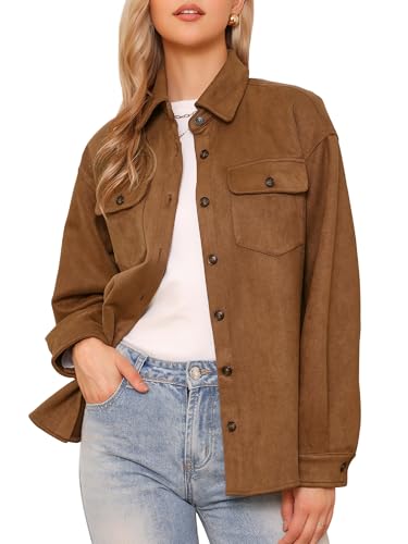Allegra K Faux Suede Jacket for Women's Turn-Down Collar Long Sleeve Casual Button Down Jackets