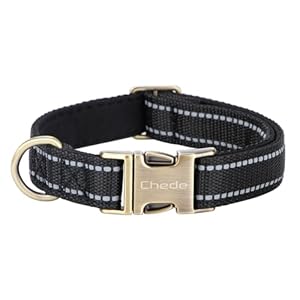 CHEDE Reflective Dog Collar,Metal Buckle Soft Neoprene Padded Breathable Nylon Pet Collar Adjustable for Small Medium Large Boys Girls Dogs (Black, Medium)