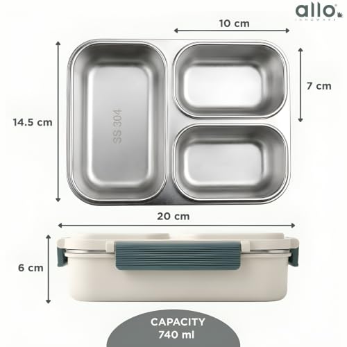 Image of Allo Bento Stainless Steel Lunch Box for Adult- BIS Approved, 304 Stainless Steel 3 Compartment Leakproof Tiffin Box for Boys and Girls for School, Travelling, Office, 740ml Green