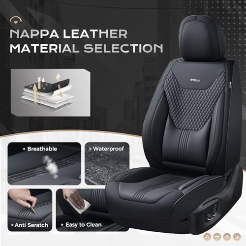 Image of Coverado Car Seat Covers Full Set, Front Seat Covers with Lumbar Support and Back Seat Cover Waterproof Leather Automotive Seat Cover, Universal Car Interior Protectors Cushion for Most Cars