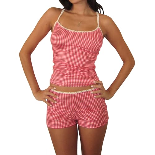 Image of Yuemengxuan Women Y2k Polka Dot Pajamas Sets 2 Piece Sexy Summer Outfits Set Sleeveless Strappy Cami Top Crop Top Shorts Set