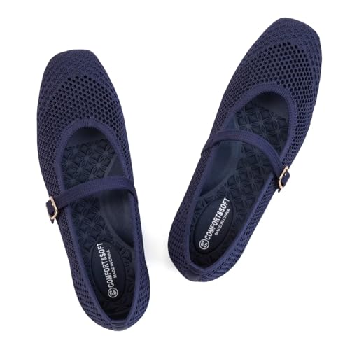 Frank Mully Womens Casual Flat Shoes Square Toe Shoes Knitted Mesh Flat Comfort Work Flat Shoes for Daily Washable Navy Mesh,7.5