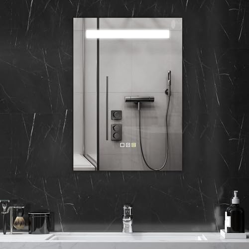 HOMCOM Espejo de Baño con Luz LED 70x50 cm Espejo de Pared con 3 Colores de Luz Brillo Ajustable Función Antivaho Función de Memoria Interruptor Táctil IP44