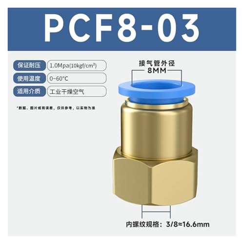 Conector traqueal PCF de rosca interna con acabado de precisión para aire de 8mm 3