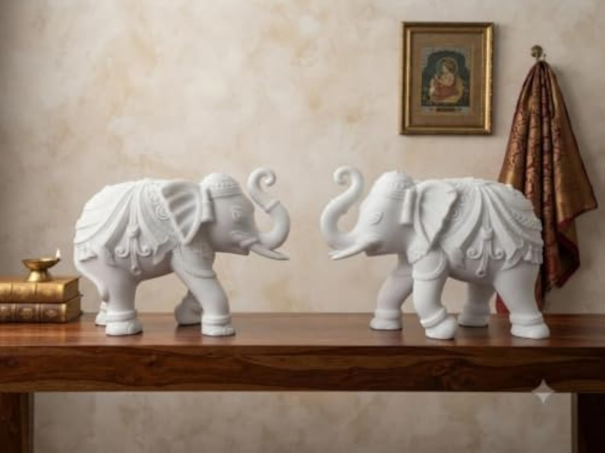 White Marble Dust Trunk Up Elephant Statue Pair for Home Decor