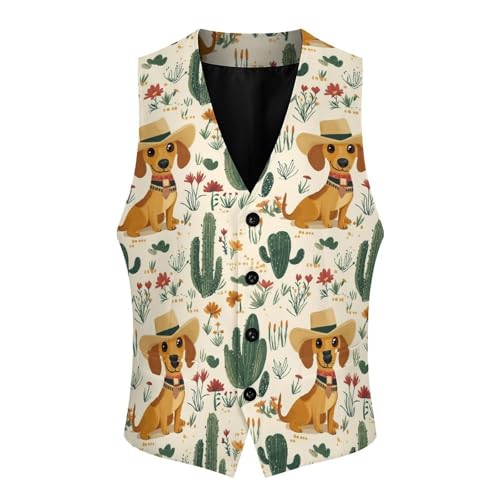 Vintage Cactus Dachshund Men's Suit Vests Business Formal Dress Vest V-Neck Waistcoat for Wedding Casual4