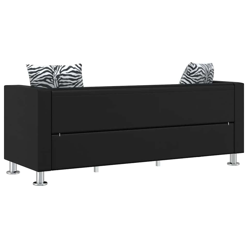 Sofa 3-osobowa ze sztucznej skóry, czarna, z 2 poduszkami, 170 x 62,5 x 63 cm, zajmuje mało miejsca, wytrzymała, do salonu, pokoju gościnnego, z wygodnym zestawem tapicerowanym i stabilną ramą