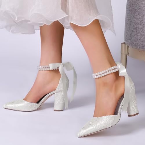 Image of Satin Wedding Shoes for Bride Block Heel Bridal Shoes Pointed Toe Pearl Wedding Heels