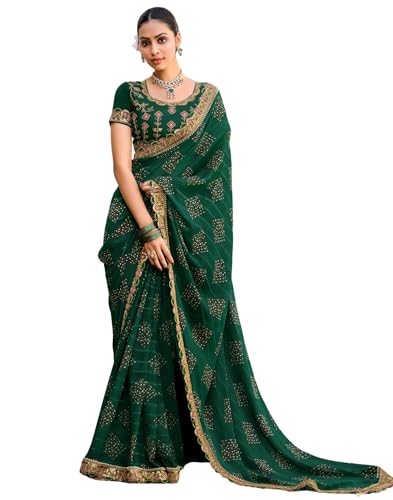 Image of SIRIL Women's Bandhani Printed Georgette Sequence Lace Scalloped Border Saree with Unstitched Blouse Piece