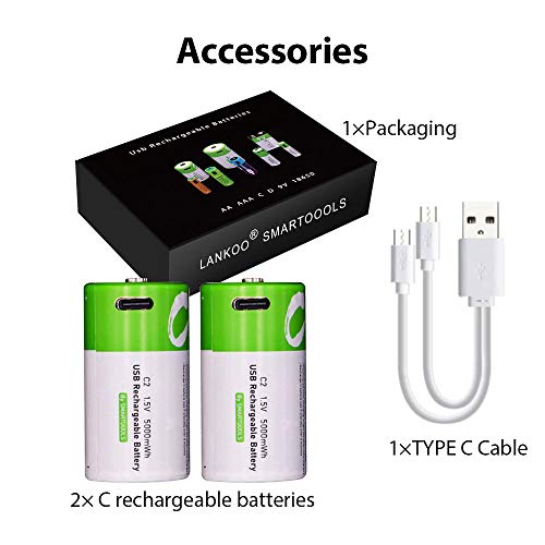 Rechargeable C Batteries 1.5V 5000Mwh Usb Lithium Ion Rechargeable C Battery With Usb Type C Charging Cable, High Capacity Fast Charge, 1200 Cycles Constant Output, Over-Charge Protection,2-Pack #TOP6