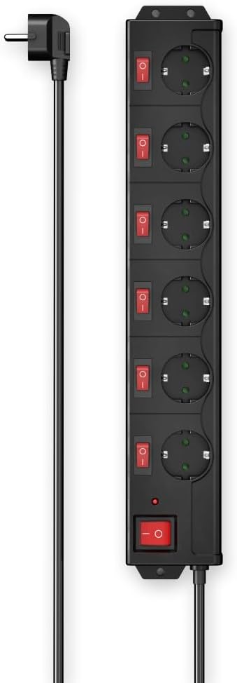 Hama - 6-way earthed plug, grounded plug, 1.4 m cable, with general on/off switch and control for each individual socket, wall mounting
