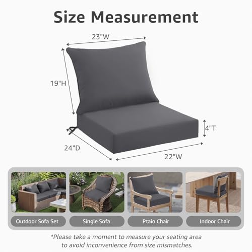 PatioGlow Outdoor Seat Cushion Set 22 x 24 x 4 Inch, Waterproof & Fade Resistant Patio Furniture Cushions with Removable Cover and Ties, Thick Deep Seating Pads for Outside Chair Sofa Couch, Grey by PatioGlow - Used condition - Image 4