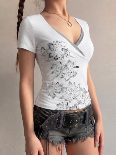 Image of EMMIOL Y2K Fairy Grunge Short Sleeve Shirts for Women Vintage Floral Graphic V Neck Cute Going Out Tops Emo Summer Tee