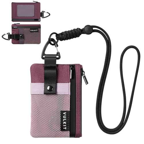 Image of VULKIT Small Minimalist Wallet for Women RFID Blocking, Zipper Coin Pouch with ID Window and Keychain, Water Resistant Travel Lanyard Wallet Wine Pink