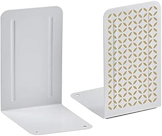 Acrimet Metal Bookends Design Series (Heavy Duty) (White Bookend with Gold Design) (1 Pair)
