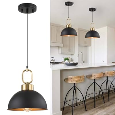 Farmhouse Pendant Light Fixture 1 Pack, Space Saving Industrial 10.2 in Hanging Light, Matte Black with Gold Handle, Adjustable Height, Vintage Shade, Brightness, Kitchen, Dining, Living Room