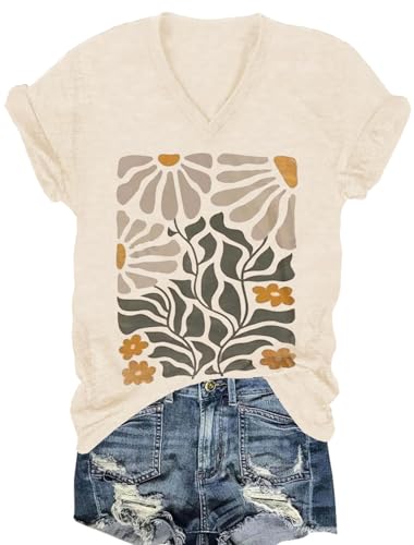 Vintage Boho Tops for Women V-Neck Flowers Shirt Spring Graphic Tees Floral Print Summer Casual Short Sleeve Tshirt Top (Apricot6, L)