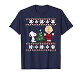 Peanuts Snoopy and Charlie Christmas tree Short Sleeve T-Shirt Blue