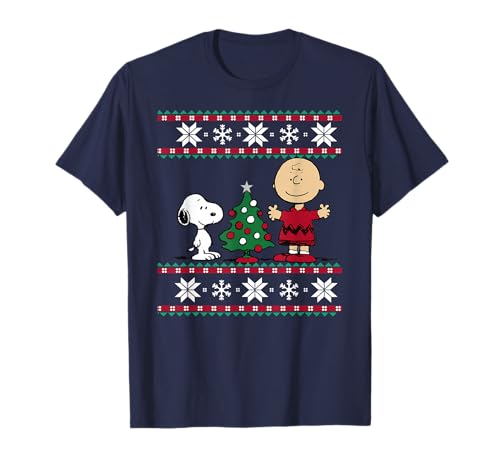 Peanuts Snoopy and Charlie Christmas tree Short Sleeve T-Shirt Blue