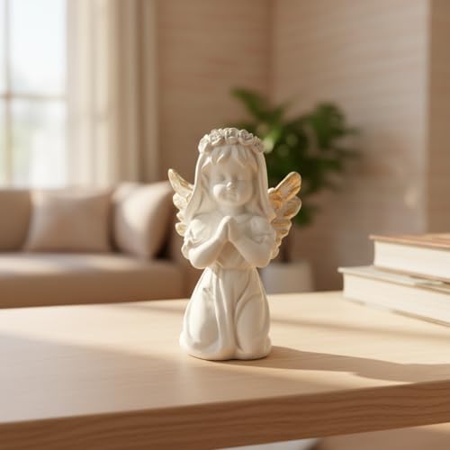 Image of Praying Baby Angel Showpiece Premium Decorative Spiritual Marble Finish Showpiece with Folding Metal Stand for Home Decor, Living Room, Office Desk