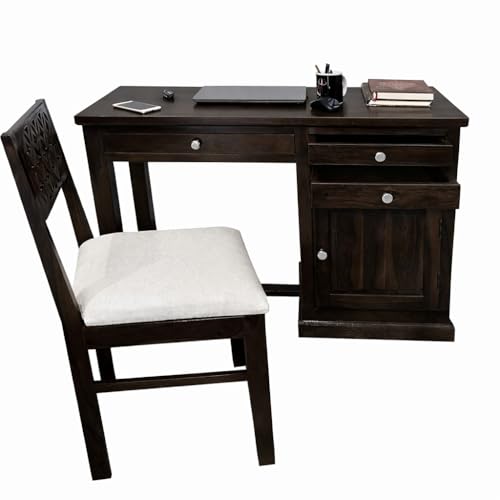 Image of Sheesham Wood Study Table for Bedroom 2 Drawer,1 Storage Cabinet with Keyboard Trey with Flora Chair with Matte Finished (Dark Walnut)
