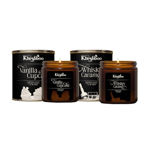 Image of Scented Soy Wax Candle Luxury Jar for Home Decor & Aromatherapy | Relaxing Aroma Candle | 200 Gm | 25+ Hours Burn Time | Smoke Free & Non-Toxic (Set of 2 Whiskey Caramel + Vanilla Cupcake)