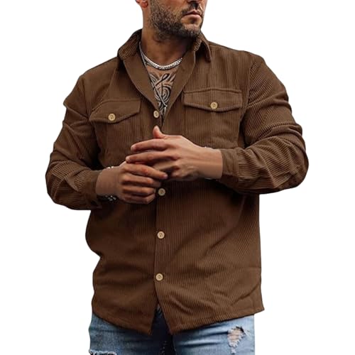 Mens Corduroy Button Down Jackets Casual Long Sleeve Fashion Retro Textured Tops Ribbed Work Outwear Coat with Pockets
