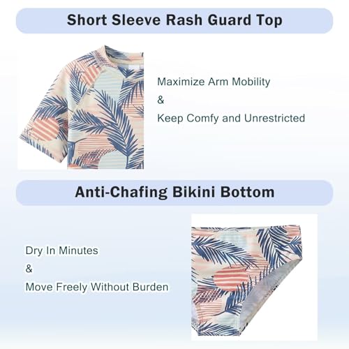 Image of Girls Two Piece Swimsuits Short Sleeve Rash Guard Swim Shirt Bikini Bottom Swim Set Bathing Swim Set Swimwear 3-16 Years