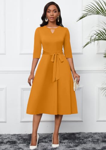 Image of CLOCOR Midi Dresses for Women Casual A-Line Fit and Flare Dress Crewneck 3 /4 Sleeve Keyhole Cocktail Party Church Dress
