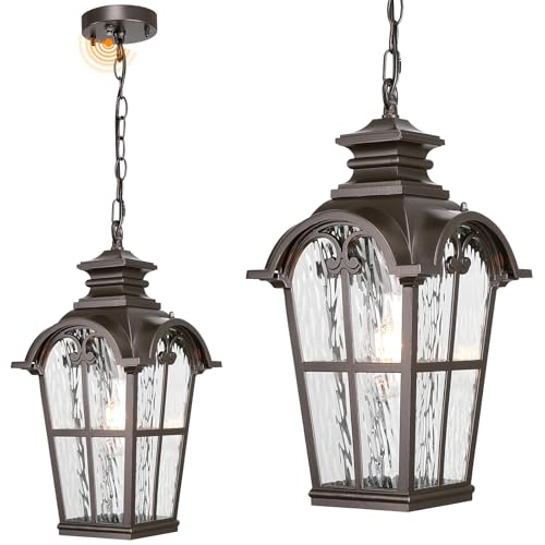 Image of 18.5 Inch Large Outdoor Pendant Lights Waterproof Aluminum Hanging Lantern Light with Water Ripple Glass Oil Rubbed Bronze Outdoor Chandelier for Porch Yard Gazebo
