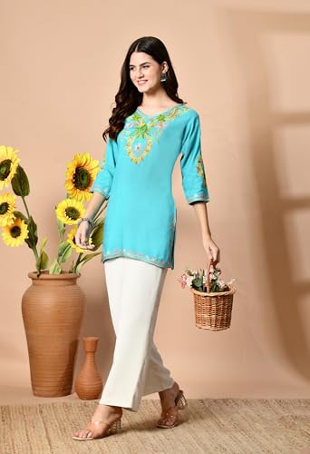 Image of LIBOZA Embroidered Kashmiri Tunic Top, Short Kurti for Women on Jeans, V-Neck, 3 /4 Sleeve, Floral Design,
